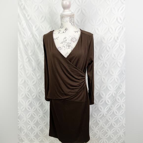 Talbots Petite Surplice Faux Wrap Brown Jersey Dress Size 12 NWT $149 - Picture 2 of 7